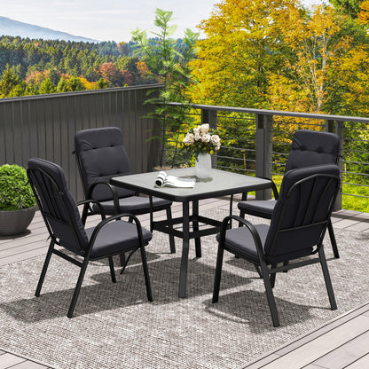 Outsunny 5 Piece Outdoor Square Garden Dining Set w/ Tempered Glass Dining Table 4 Cushioned Armchairs, Umbrella Hole, Black