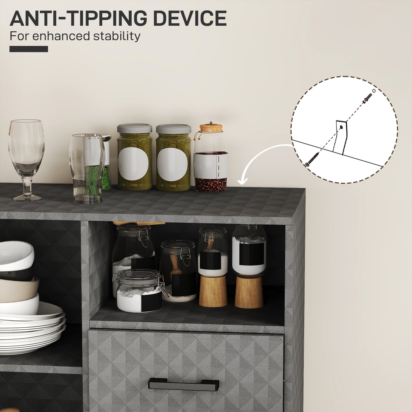 Sideboard with Adjustable Shelf, Freestanding Sideboard Storage Cabinet with Open Compartment and 2 Drawers, Grey