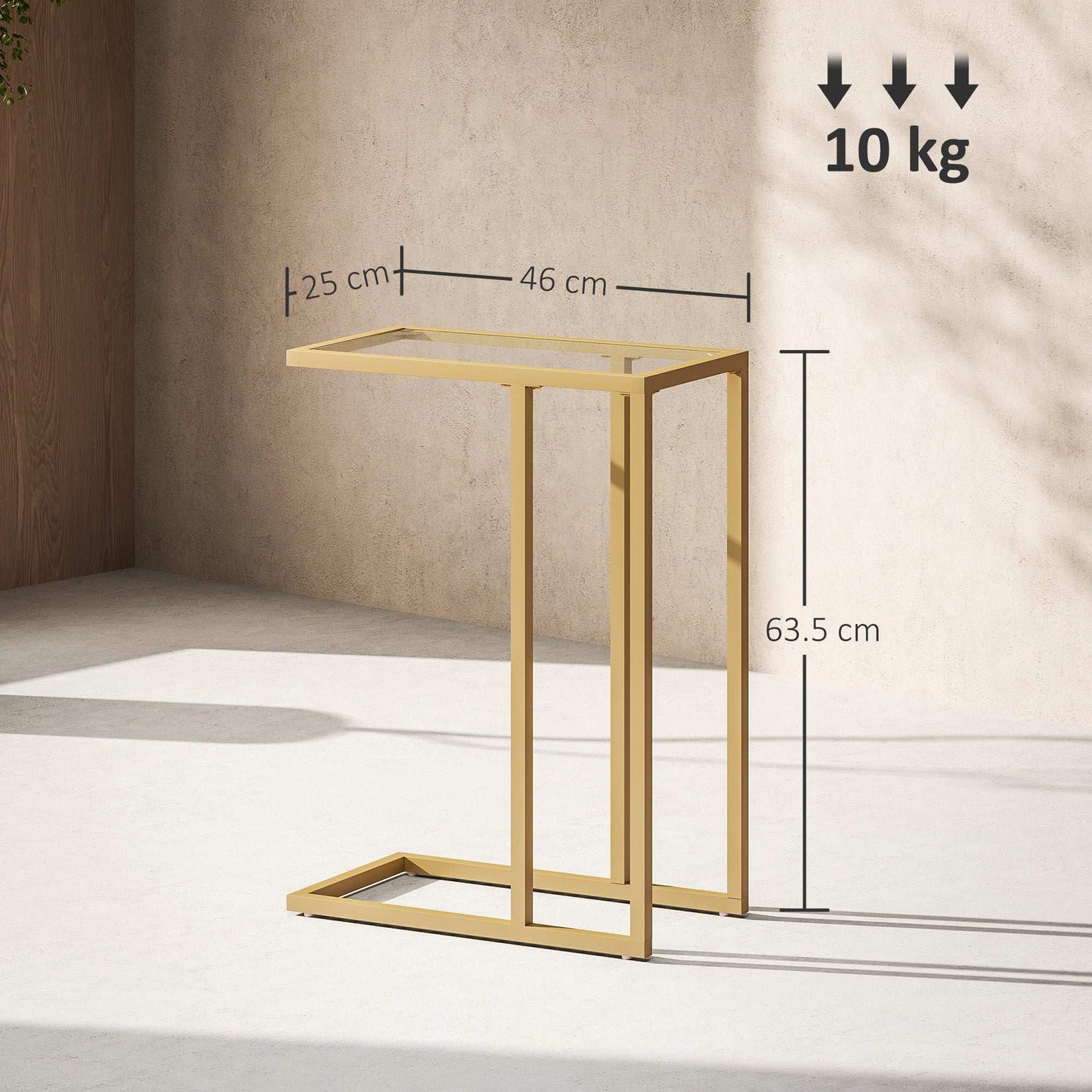 C-Shaped Bedside Table, Modern Side Table with Tempered Glass Tabletop, Steel Frame for Small Space, Living Room, Bedroom, Gold Tone