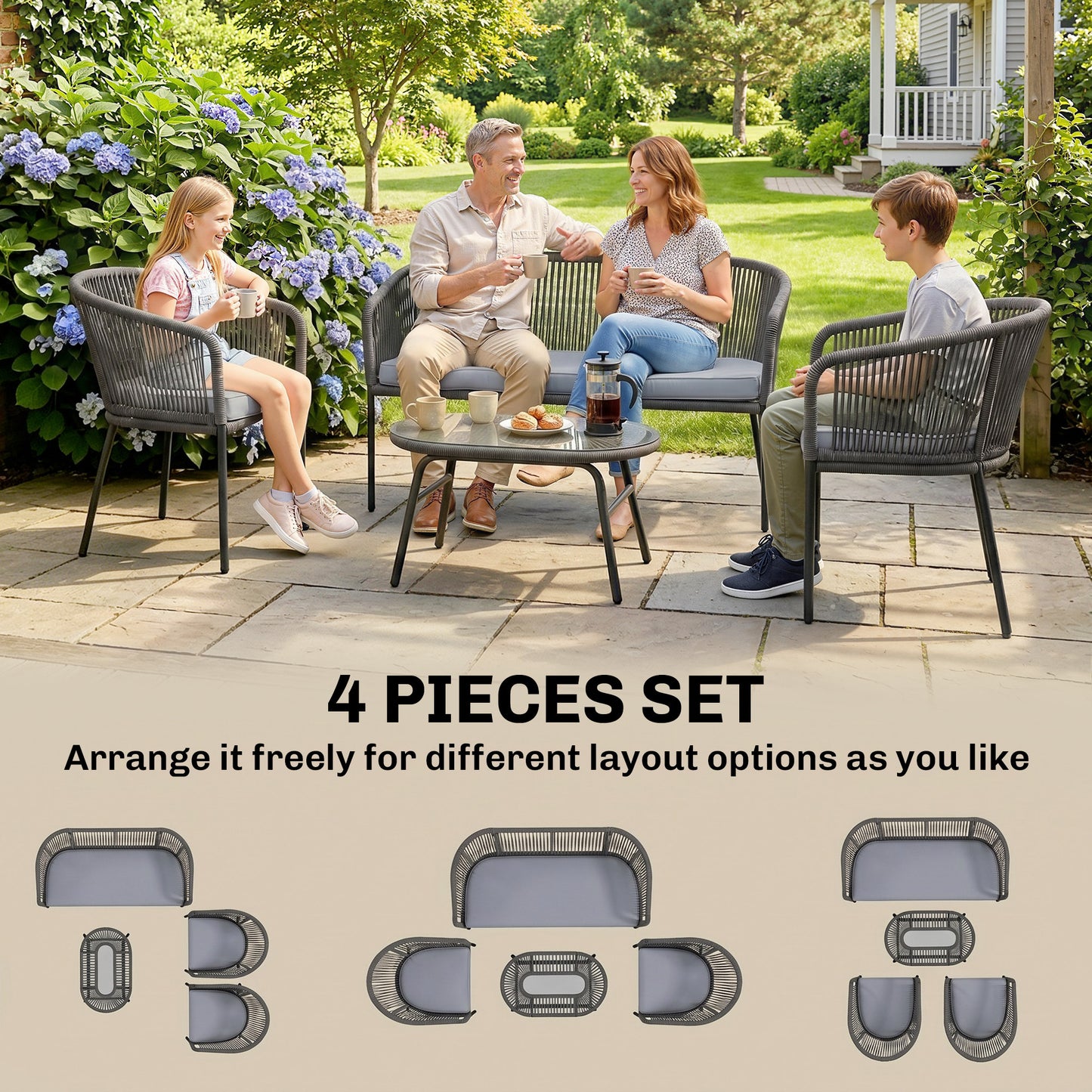 4-Piece Garden Sofa Set | PP Rope Weave | Loveseat, 2 Armchairs & Tempered Glass Table | Washable Cushion Covers | Powder-Coated Steel Frame | Adjustable Feet | Dark Grey