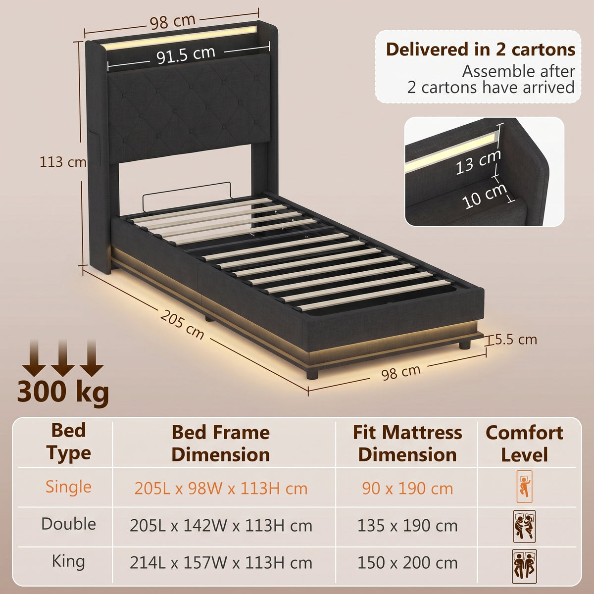3ft Single Ottoman Bed Frame | Hydraulic Storage, RGB LED Headboard Lights & USB Charging | Black or Cream White