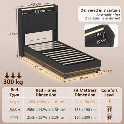 3ft Single Ottoman Bed Frame | Hydraulic Storage, RGB LED Headboard Lights & USB Charging | Black or Cream White