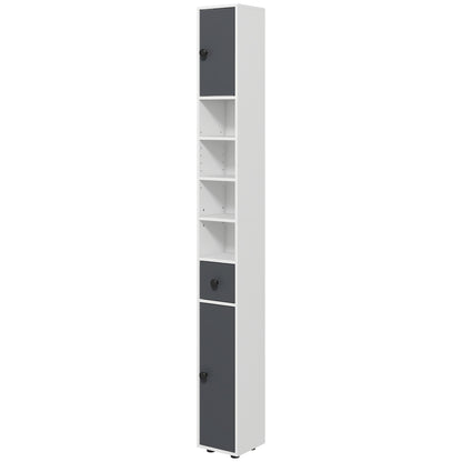 Kleankin 180cm Tall Slim Bathroom Cabinet, Narrow Toilet Roll Storage with Open Shelves, 2 Door Cabinets, Adjustable Shelves, for Kitchen, Hallway, Living Room, Grey