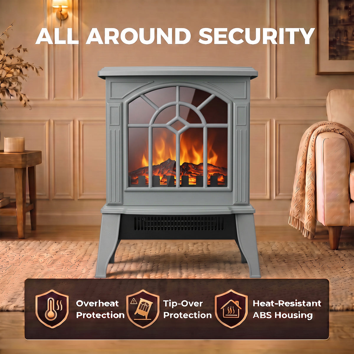 Electric Fireplace Stove | Grey Freestanding 2000W Heater with 3D LED Flame Effect