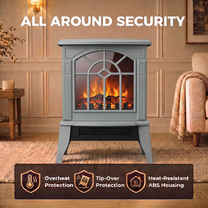 Electric Fireplace Stove | Grey Freestanding 2000W Heater with 3D LED Flame Effect