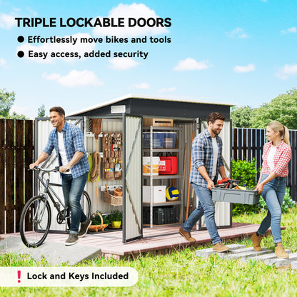 Galvanised Steel Garden Storage Shed | Triple Lockable Access | Double Front Doors & Side Door | Powder-Coated | Ventilation Slots | Sloped Roof | 25kg/m² Snow Load | 234x132x185cm | 2.68m² | Dark Grey