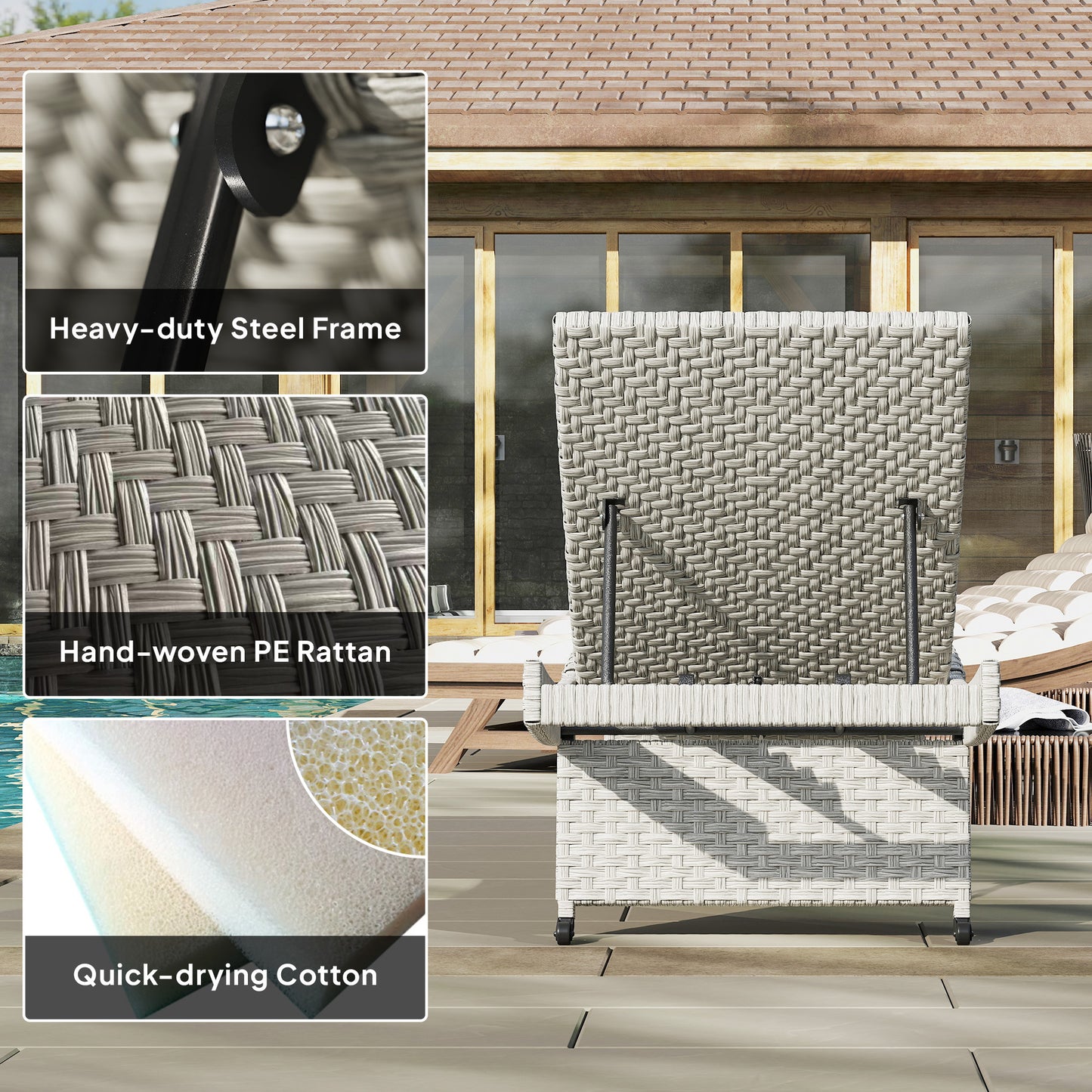 Outdoor PE Rattan Sun Lounger, Folding Wicker Garden Lounger Recliner with 4-Level Adjustable Backrest, Rolling Sunbed Lounge Chair with Wheels