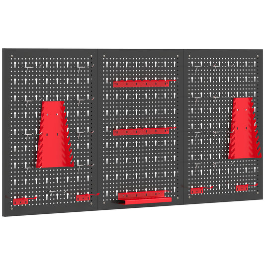 Wall-Mounted Steel Pegboard Tool Storage Set | 28pc | 3 Boards | 50kg | Black & Red | Garage & Workshop