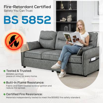 3-Seater Faux Leather Sofa | S-Spring Support | 20cm Seat | Side Pockets | 2 Pillows | Fire-Retardant | 330kg | 190cm | Grey