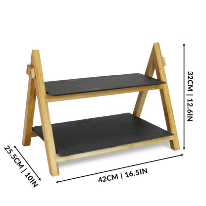 Maison & White 2 Tier Slate & Bamboo Food Stand | Foldable Frame | Removable Slate Platters | 32x42x25.5cm | 670g | Desserts Antipasti Entertaining | Assembly Required