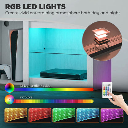 70" TV Stand with RGB LED Lights & Storage – 16 Modes, 7 Colours, 5 Compartments, Adjustable Glass Shelves, Cable Management, Marble-Effect Top – White