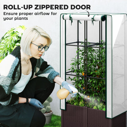 Raised Garden Bed with Trellis, Plastic Planter Box with Drainage Holes and Drain Plugs for Climbing Plants, Vegetables, Flowers