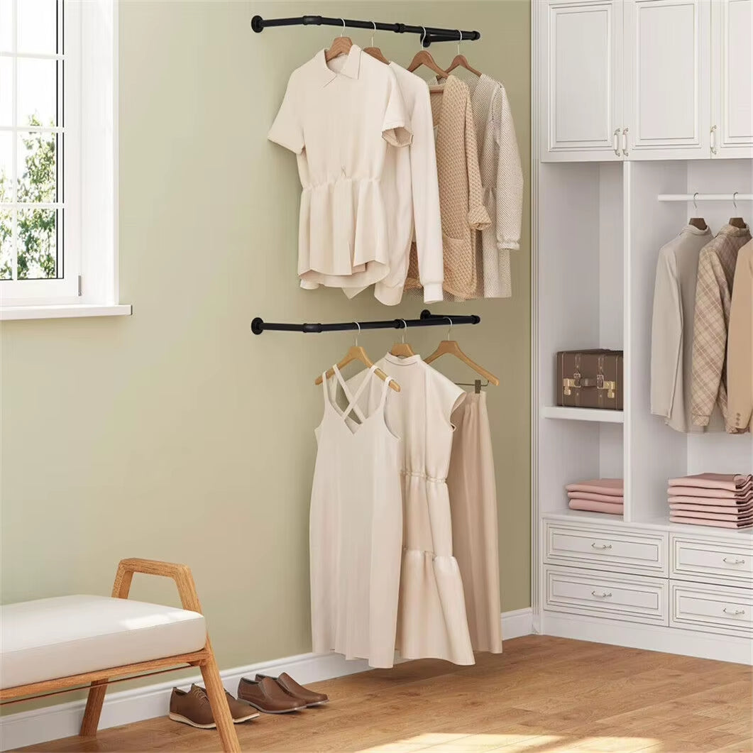 Wall Mounted Clothes Hanging Rack Rail Industrial Pipe Clothes Hanger Space-Saving Hanging Rod