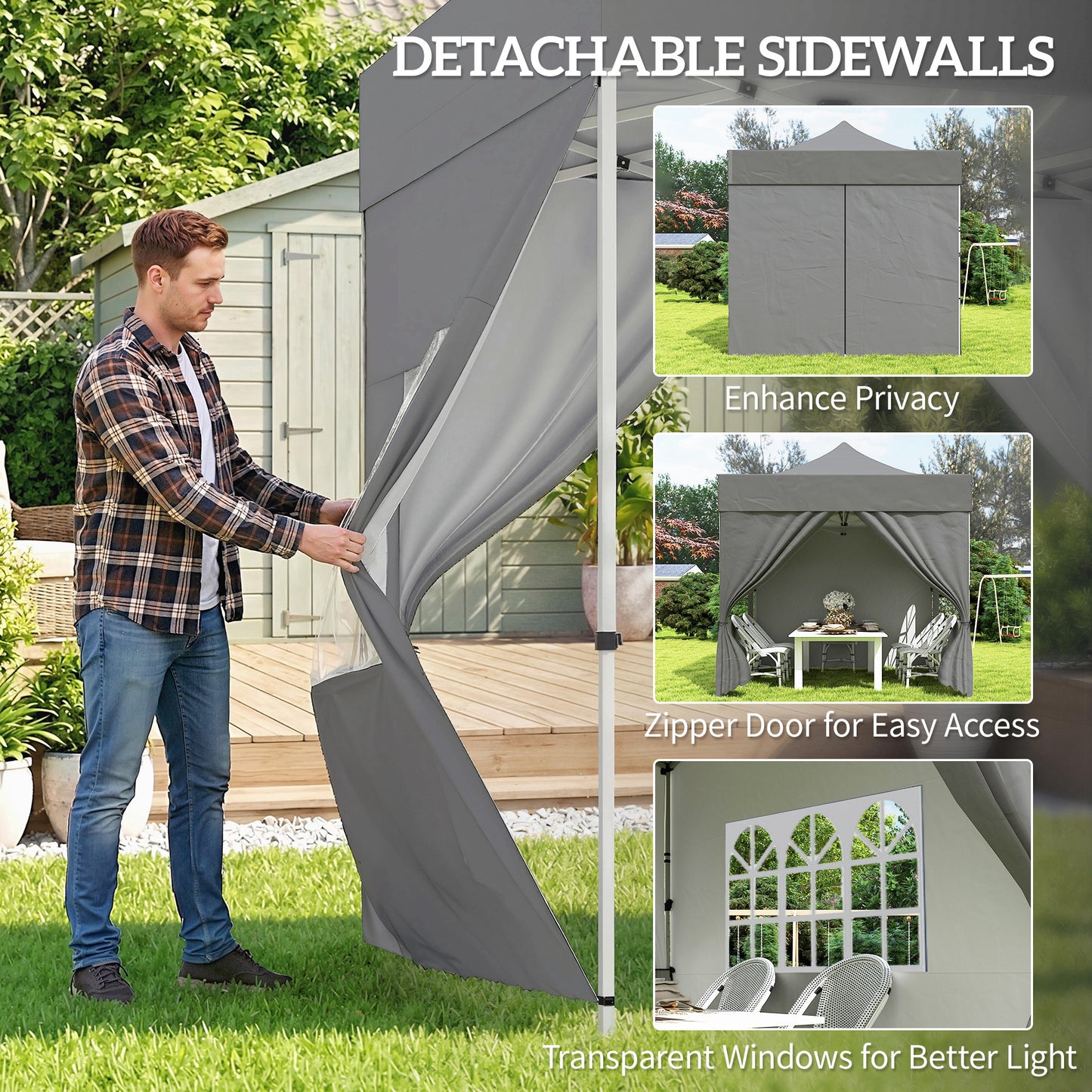 3x3m Heavy-Duty Peak-Top Pop-Up Gazebo | 420D UPF50+ Oxford Fabric | 4 Removable Sidewalls | Zipper Door & Windows | 3-Height Adjustment | 8 Drainage Holes | 4 Sandbags, 4 Guy Ropes & 8 Stakes | Wheeled Carry Bag | Dark Grey