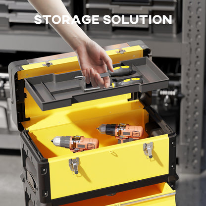 3-in-1 Stackable Three Tier Rolling Tool Storage Box On Wheels - Yellow