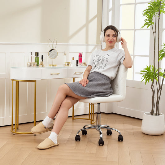 PU Leather Armless Office Chair, Modern Vanity Computer Swivel Chair with Rolling Wheels and Adjustable Height