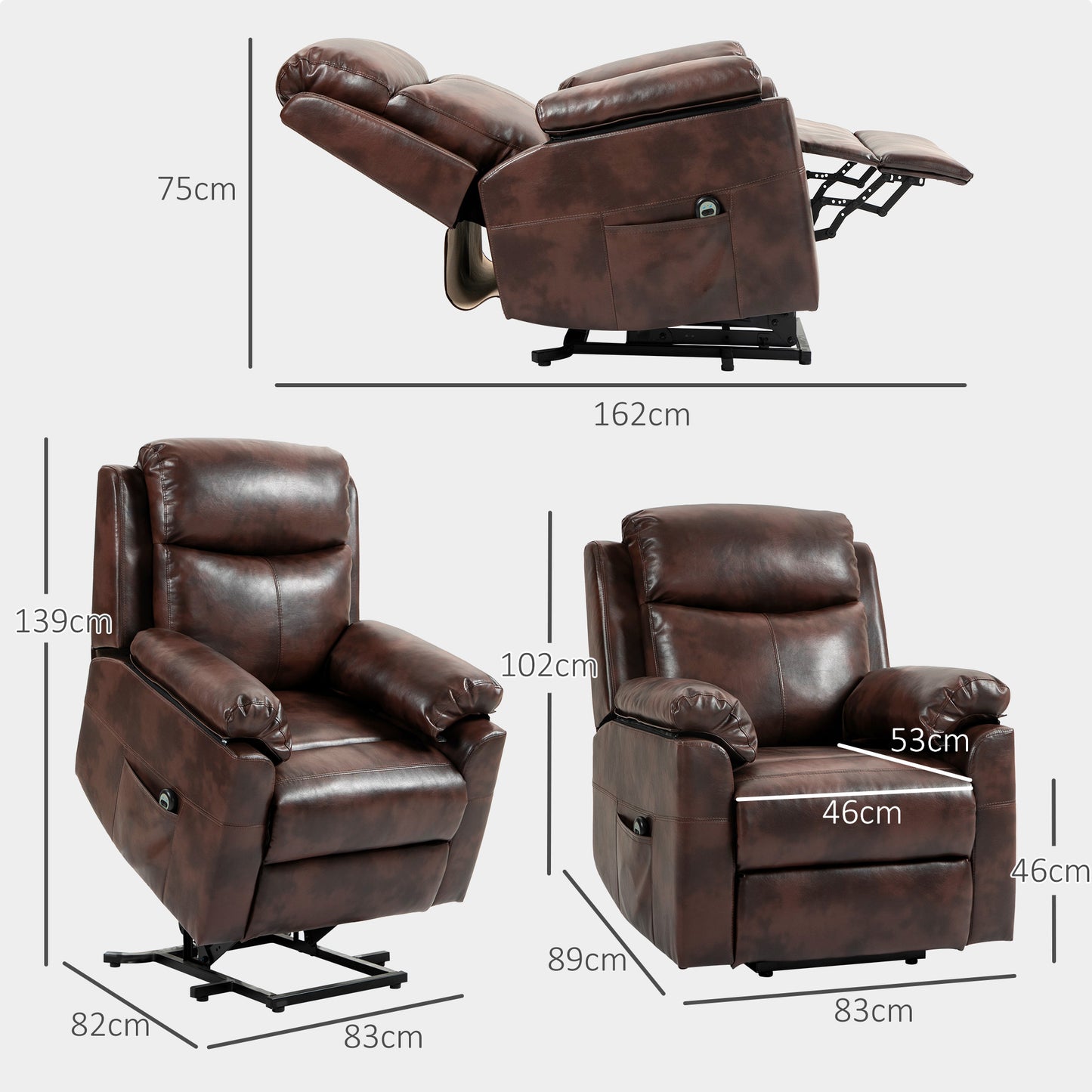 Riser and Recliner Lift Chair With Remote Control, Side Pockets, Pocket Spring, Dark Brown