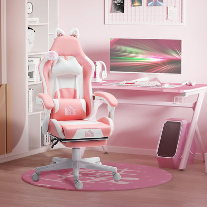 Cat Ear and Paw Reclining Office Chair, with Footrest - Pink/White