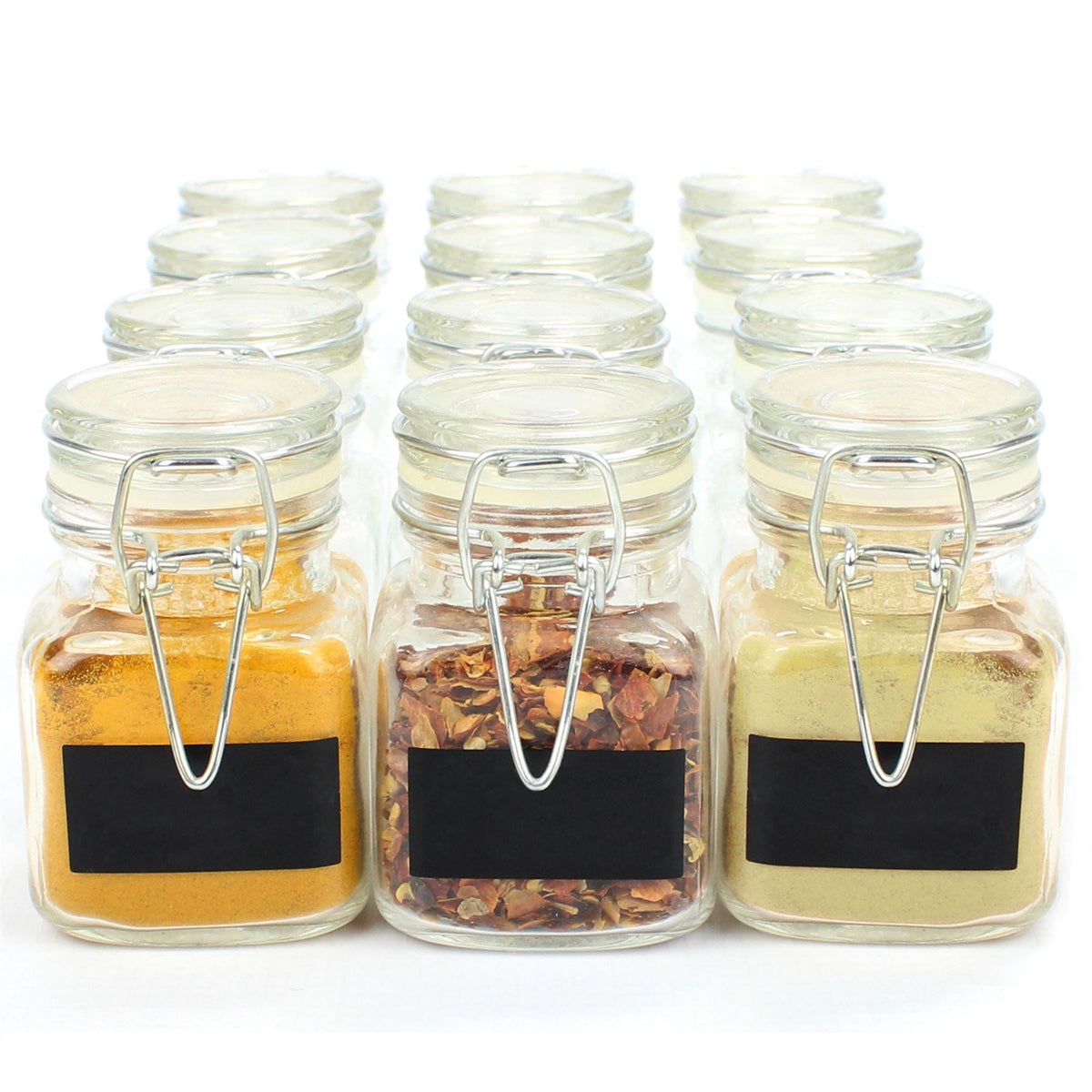 Maison & White Mini Glass Spice Jars Pack of 12 | Airtight Metal Clip-Top & Rubber Seal | 100ml | 8cm | Includes Chalkboard Labels & Chalk Pen | Kitchen Pantry Storage | 2-Year Warranty