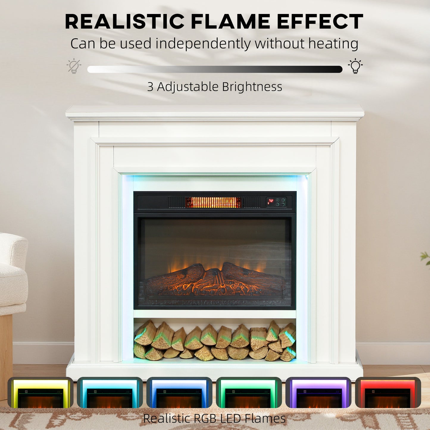 Electric Fireplace with RGB LED Lights, Realistic Flame Effect & 3 Brightness Levels, 1800W Inset Electric Fire and Mantel Reach up to 30 m² Space with Remote & Timer for Living Room, White