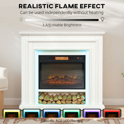 Electric Fireplace with RGB LED Lights, Realistic Flame Effect & 3 Brightness Levels, 1800W Inset Electric Fire and Mantel Reach up to 30 m² Space with Remote & Timer for Living Room, White