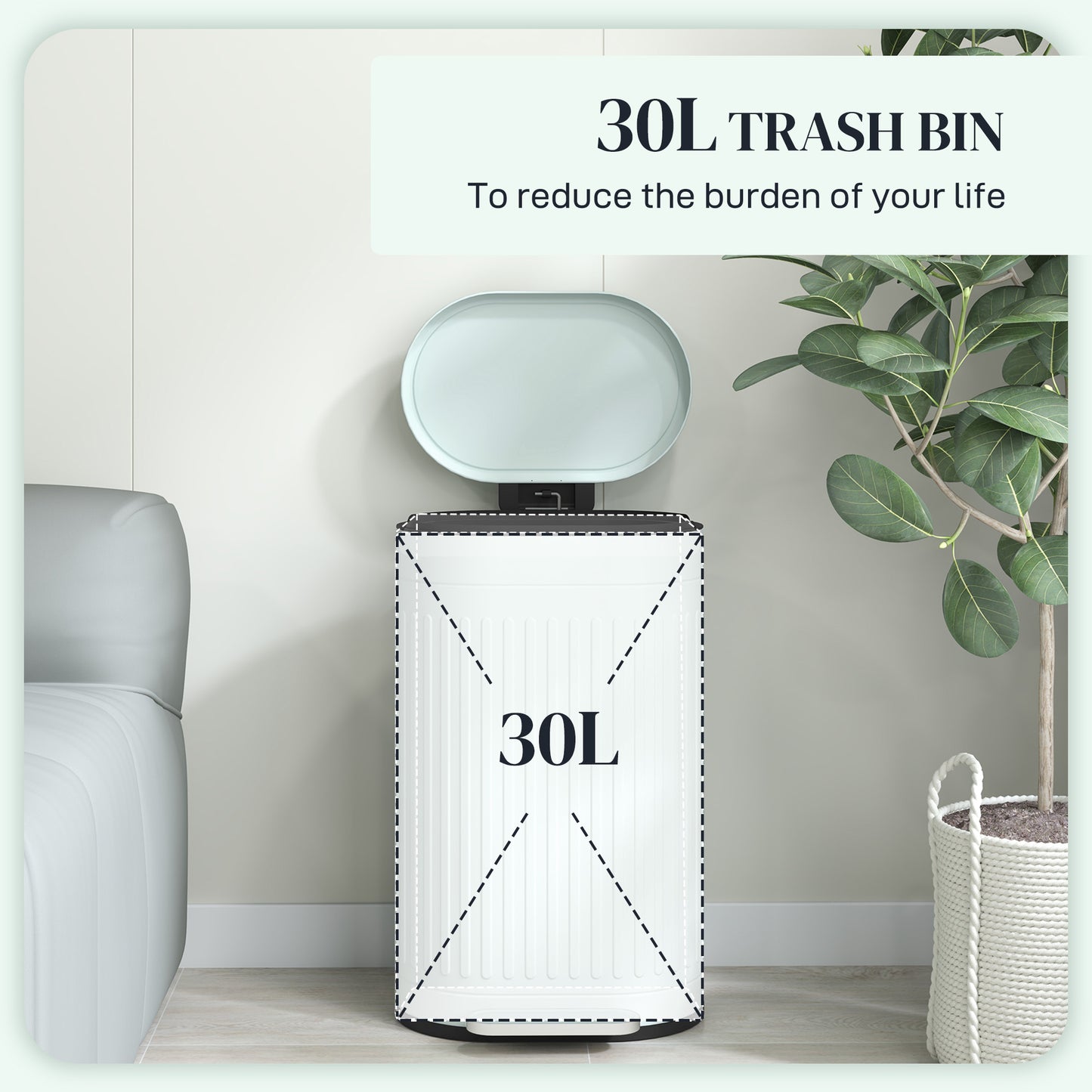 30 Litre Pedal Bin, Fingerprint Proof Kitchen Bin with Soft-close Lid, Metal Rubbish Bin with Foot Pedal and Removable Inner Bucket, Light Green