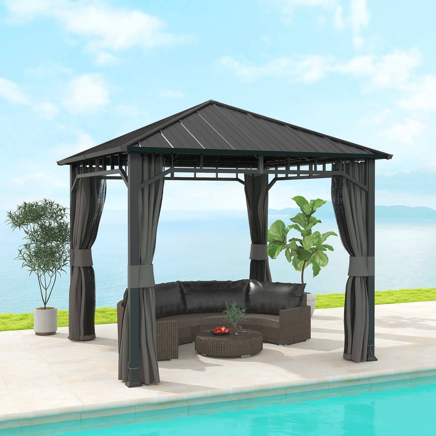 3 x 3(m) Hardtop Gazebo with Galvanised Steel Roof and Water Gutter, Waterproof Permanent Pavilion Garden Gazebo with Netting, Curtains