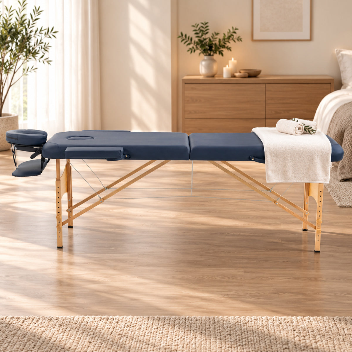 Portable Massage Table | Dark Blue 2-Section Folding Beauty Bed | Beech Frame, 4cm Padding & Carry Bag | Adjustable Height 67–92cm