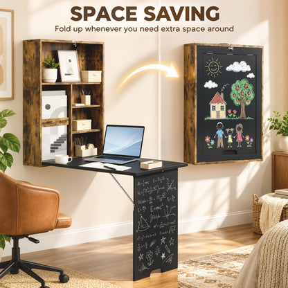 Wall-Mounted Folding Drop-Leaf Desk with Chalkboard & Storage Shelves | 78x56.5cm Tabletop | Folds to 16cm Deep | 20kg Tabletop Capacity | MDF | Rustic Brown & Black | 60x94.5x147cm Open