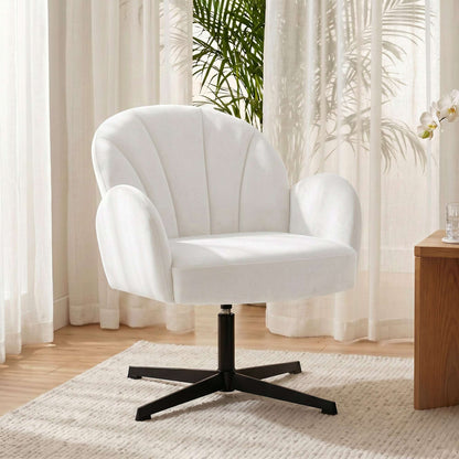 Shell-Shaped Swivel Accent Chair | 360° Swivel | 11cm Spring-Packed Seat | Velvet-Feel Fabric | Metal Base | Plastic Floor Pads | 120kg | 64.5x68x80cm | Cream