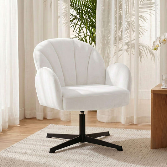 Shell-Shaped Swivel Accent Chair | 360° Swivel | 11cm Spring-Packed Seat | Velvet-Feel Fabric | Metal Base | Plastic Floor Pads | 120kg | 64.5x68x80cm | Cream