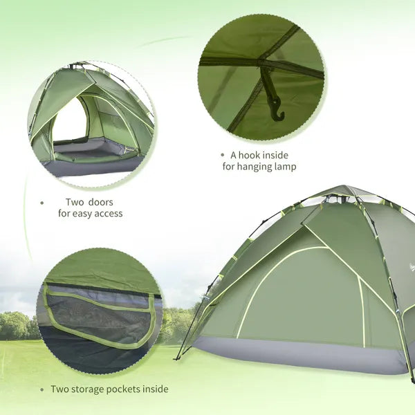 Outsunny 3 Man Pop Up Garden Tent Camping Gazebo 210W x 210L x 140H Cm  Dark Green