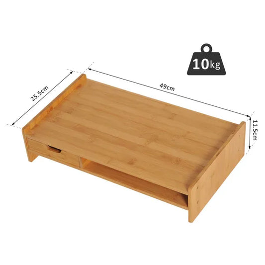 Natural Eco Wood Bamboo Desktop / Monitor Riser With Drawer, 49Lx25.5Wx11.5H Cm