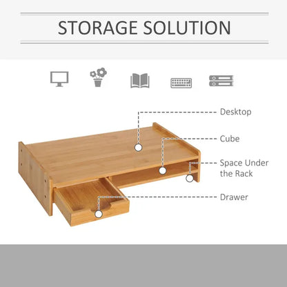 Natural Eco Wood Bamboo Desktop / Monitor Riser With Drawer, 49Lx25.5Wx11.5H Cm