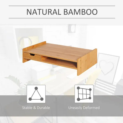 Natural Eco Wood Bamboo Desktop / Monitor Riser With Drawer, 49Lx25.5Wx11.5H Cm