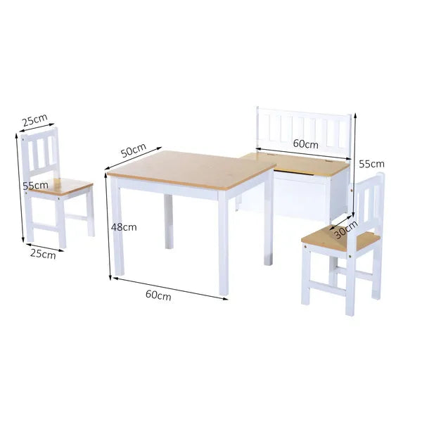 Children's Four Piece Creative Learning Table Set 2 Chairs Storage Stool White and Natural Pretend Play