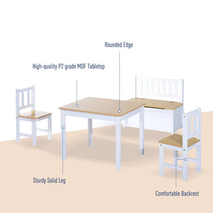 Children's Four Piece Creative Learning Table Set 2 Chairs Storage Stool White and Natural Pretend Play
