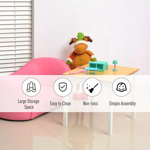 Children's Four Piece Creative Learning Table Set 2 Chairs Storage Stool White and Natural Pretend Play