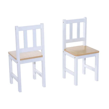 Children's Four Piece Creative Learning Table Set 2 Chairs Storage Stool White and Natural Pretend Play