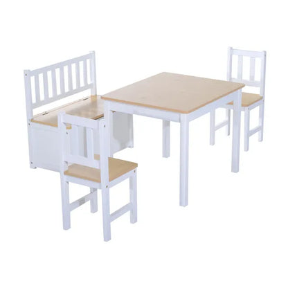 Children's Four Piece Creative Learning Table Set 2 Chairs Storage Stool White and Natural Pretend Play