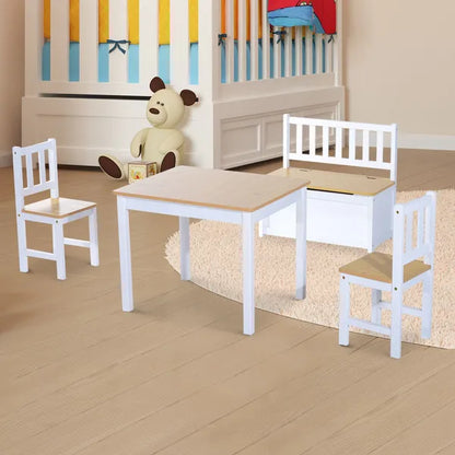Children's Four Piece Creative Learning Table Set 2 Chairs Storage Stool White and Natural Pretend Play