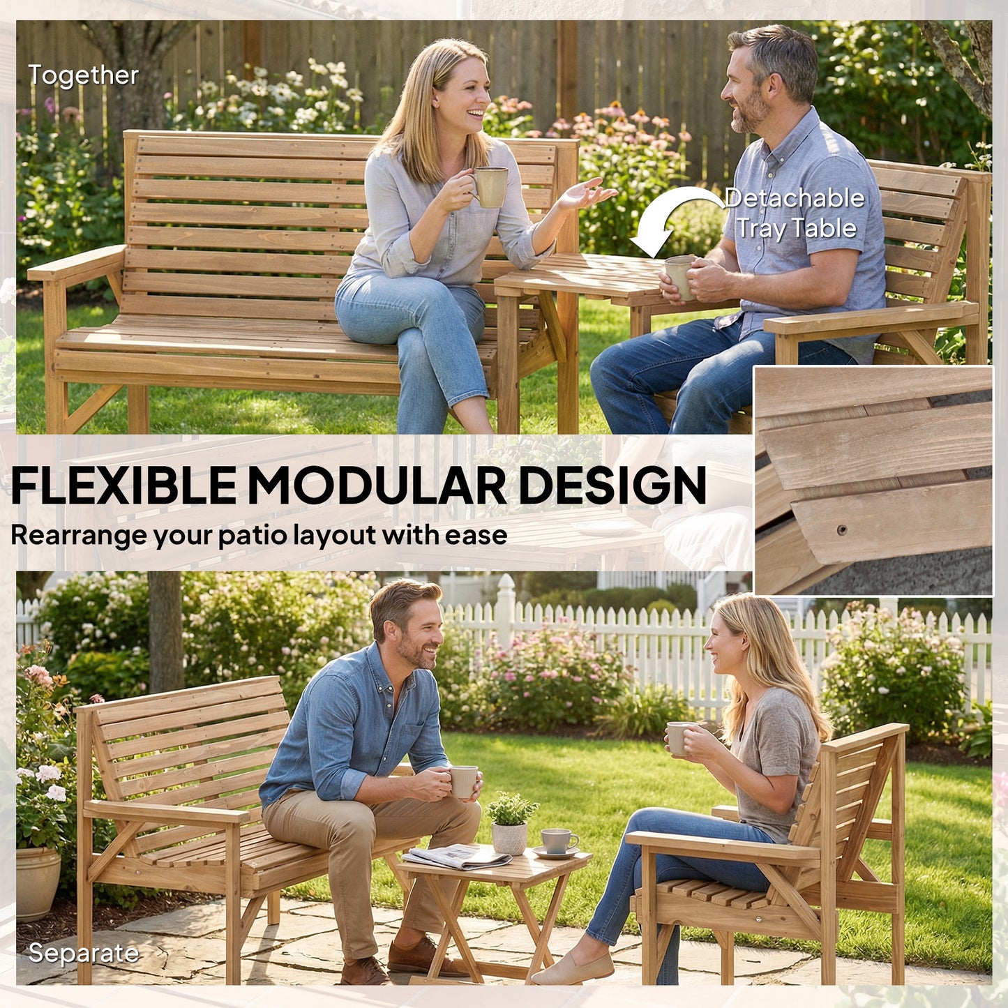 3-Piece Wooden Garden Furniture Set | Armchair | 2-Seater Bench | Detachable Tray Table | Umbrella Hole | Fir Wood | Water-Resistant | Natural Wood