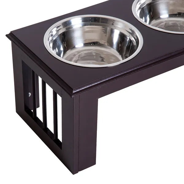PawHut Raised Dog Bowls Pet Feeder Elevated Double Stainless Steel Water Brown