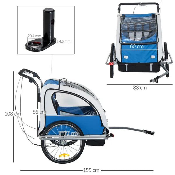 Elite 2-In-1 Bike Trailer For Kids Three-Wheel Bicycle Cargo Trailer & Jogger With 2 Safety Harnesses & Large Storage, Blue