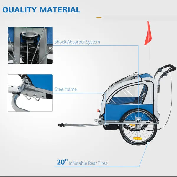 Elite 2-In-1 Bike Trailer For Kids Three-Wheel Bicycle Cargo Trailer & Jogger With 2 Safety Harnesses & Large Storage, Blue