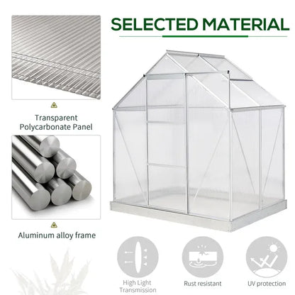 Outsunny Walk-in Greenhouse Polycarbonate Panels Aluminium Frame W/ Sliding Door Adjustable Window Inner Area Plant Flower Grow, 6 X 4 Ft