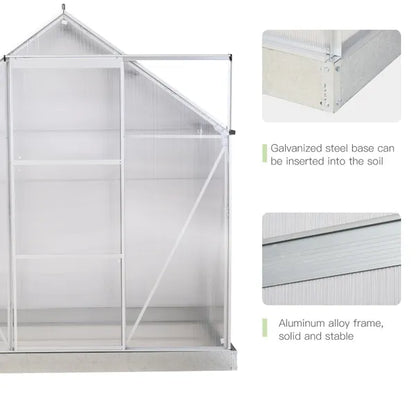 Outsunny Walk-in Greenhouse Polycarbonate Panels Aluminium Frame W/ Sliding Door Adjustable Window Inner Area Plant Flower Grow, 6 X 4 Ft
