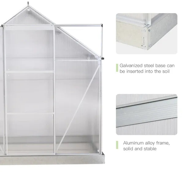 Outsunny Walk-in Greenhouse Polycarbonate Panels Aluminium Frame W/ Sliding Door Adjustable Window Inner Area Plant Flower Grow, 6 X 4 Ft