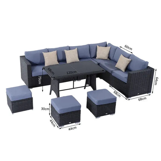 Outdoor 9-Seater Garden Rattan Furniture 10 Piece Corner Dining Sofa Set Grey Dusty Blue Cushions