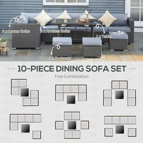 Outdoor 9-Seater Garden Rattan Furniture 10 Piece Corner Dining Sofa Set Grey Dusty Blue Cushions